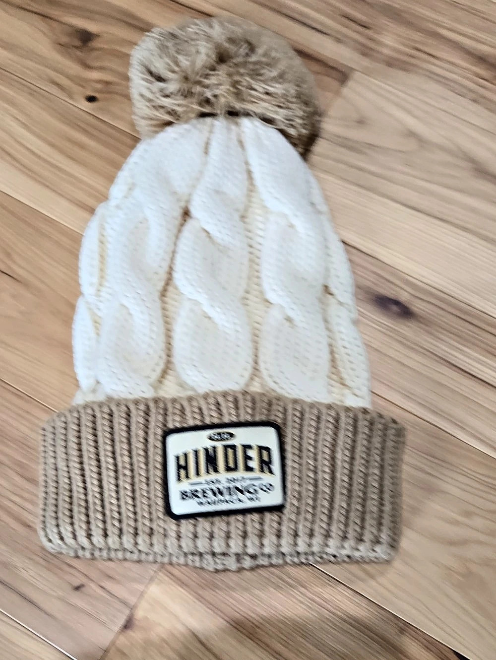 HINDER Brewing Company NEW Cable Knit Pom-Pom Hat in White & Brown